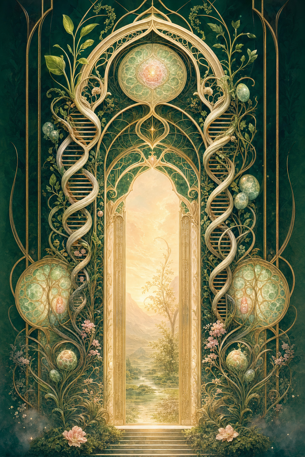 An illuminated Art Nouveau botanical gateway with DNA woven into vines, representing longevity and biotech.