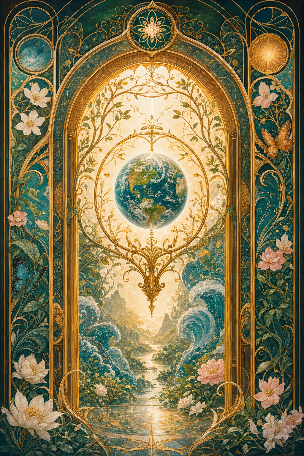 An illuminated Art Nouveau gateway cradling Earth in golden filigree branches, representing sustainability and planetary health.