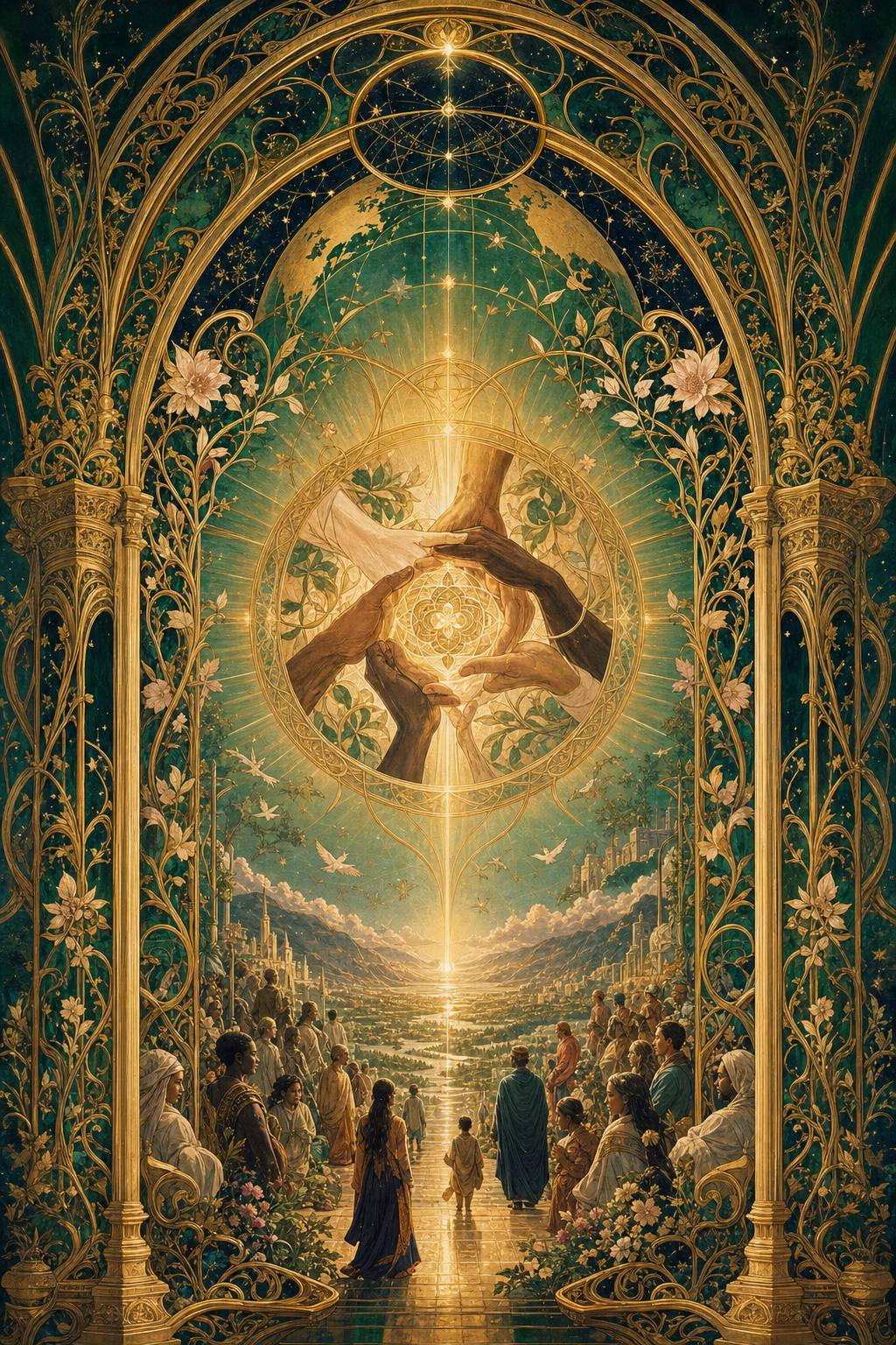 An illuminated Art Nouveau gateway with intertwined hands forming a mandala, representing a unified global economy and world.